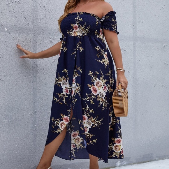 Boho Plus Floral Print Off Shoulder Cottagecore Dress - Picture 8 of 14